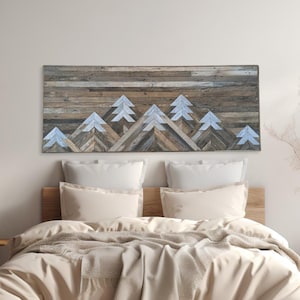 Reclaimed Wood Headboard, Mountain Geometric Wall Art — Wall Mount — Amish Handcrafted — Queen or Twin Size