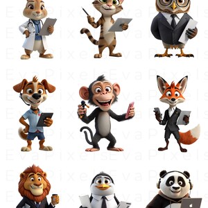 May include: A collection of stylized 3D PNG images featuring anthropomorphic animals in various professions. The animals include a rabbit doctor, a cat with a pointer, an owl in a suit, a dog with a headset, a monkey with a microphone, a fox in a suit, a lion with a coffee cup, a penguin with documents, and a panda with a laptop.