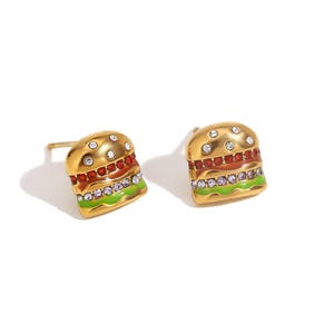 Fun Food-Themed Stud Earrings Set: Pizza, Burger, Ice Cream Designs with Colorful Crystal Accents, Quirky and Playful Fashion Jewelry
