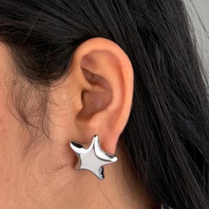Chunky Silver Star Stud Earrings | Bold Statement Star Earrings for Women | Modern Shiny Star Jewelry | Cute Gift for Her | Unique Studs
