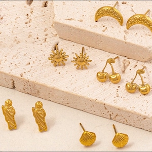 harming Gold and Silver Stud Earrings Set - Sun, Moon, Cherry, Angel, Seashell Designs, Playful and Unique Everyday Jewelry, Gift for Her
