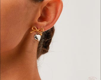 Gold Bow and Heart Drop Earrings, Timeless Jewelry with Charming Bow Accents and Heart Pendants, Perfect for Special Occasions Everyday look