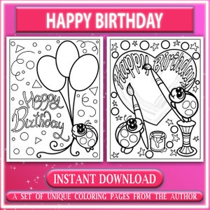 Páginas para colorir de festa de aniversário. Bonitos imprimíveis de feliz aniversário para meninas e meninos. Folhas para colorir de feliz aniversário. PDF digital de feliz aniversário.