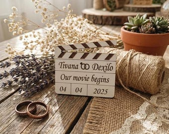 Gepersonaliseerde film klepel trouwmagneet – aangepaste namen en datum – unieke save-the-date gunst