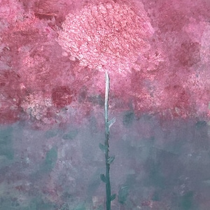 May include: An abstract painting featuring a single central flower with a textured, metallic pink spherical bloom atop a slender, dark green stem. The background is divided into a deep pink upper section and a muted, dark teal lower section.