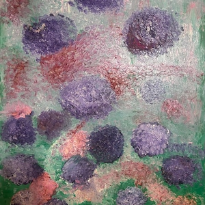 May include: An abstract oil painting on canvas featuring a textured surface with numerous circular clusters in shades of deep purple, lavender, and soft pink. The background consists of layered brushstrokes in various tones of green and teal.
