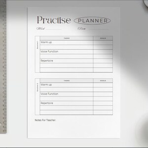 Könnte beinhalten: Ein schwarz-weißer druckbarer Übungsplaner für Sänger. Der Planer enthält Abschnitte für Aufwärmen, Stimmfunktion, Repertoire, Ziele und Notizen für den Lehrer.