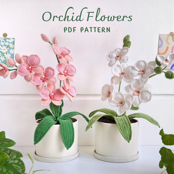 Orchid Crochet Pattern, Flower Crochet Patterns, Crochet Home Decor, Flower Basket Crochet Pattern