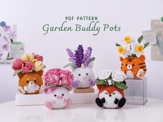 Garden Buddy Pots Crochet Patterns Bundle | Lavender Unicorn Pot Pattern, Tulip Shiba Pot, Rose Fox Pot Pattern, Narcissus Tiger Pot Pattern