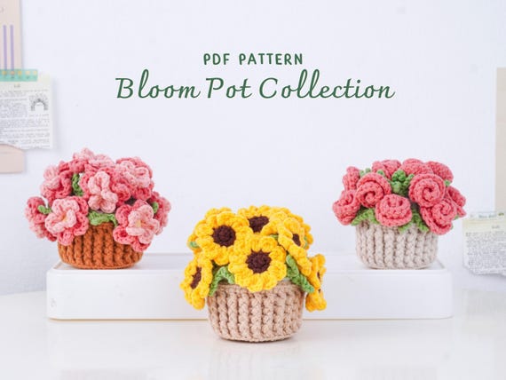 Bloom Pot Collection Crochet Patterns | Sunflower Coaster Pot Pattern,  Peach Blossom Coaster Pot Pattern, Rose Coaster Pot Pattern