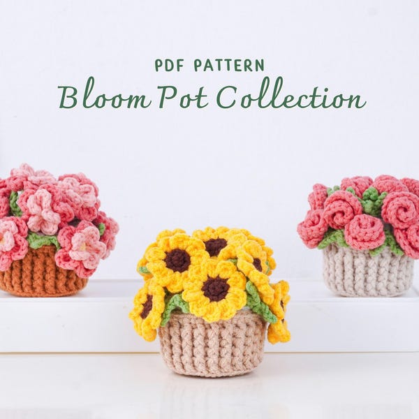 Colección Bloom Pot Patterns Crochet / Patrón de posavasos de girasol, patrón de posavasos de flor de durazno, patrón de posavasos de rosa