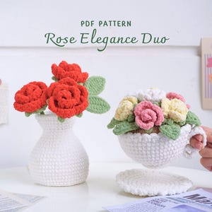 ローズエレガンス かぎ針編みパターンバンドル | バラの花瓶パターン、バラの花のティーカップパターン、花のかぎ針編みパターン