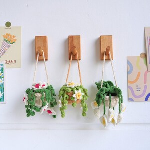 May include: Three crocheted hanging plant pots with white flowers and green leaves. The pots are hanging from wooden hooks on a white wall.