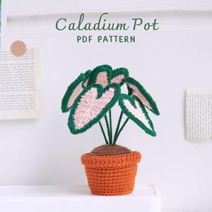 Op de afbeelding: Haakpatroon voor een roze en groene Caladium plant in een bruine pot. Het patroon heet "Caladium Pot PDF Pattern".