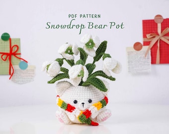 Snowdrop Bear Pot Crochet Pattern, Christmas Flower Crochet Pattern, Christmas Home Decor Crochet, Crochet Home Decor, PDF Pattern
