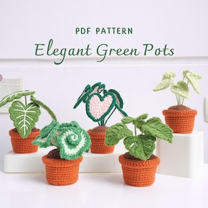 May include: A collection of handmade crochet plants in orange pots. The plants feature various green leaf designs, including heart-shaped and spiral patterns. The text "PDF PATTERN Elegant Green Pots" is displayed at the top.