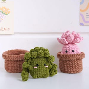 May include: Two crocheted potted plants with cute faces. The plant on the left is green and the plant on the right is pink.