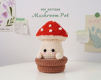 Mushroom Pot Crochet Pattern, Amigurumi Plant Pattern, Crochet Home Decor, Digital PDF Pattern, Cute Crochet Plants