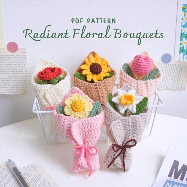 Paquete de patrones de crochet de ramos de flores radiantes: patrón de margaritas amarillas, patrón de tulipanes, patrón de girasoles, patrón de narcisos, patrón de mini rosas