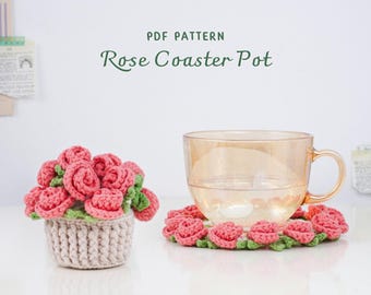 Rose Coaster Pot Crochet Pattern, Flower Pot Crochet Pattern, Crochet Home Decor, Digital PDF Pattern