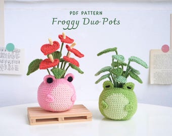 Froggy Duo Pots Crochet Patterns Bundle | Pink Frog Pot Pattern, Green Frog Pot Pattern, Frog Crochet Patterns, Digital PDF Pattern