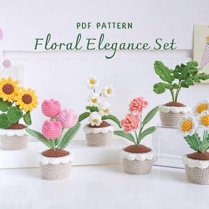 Bloemen elegantie bundel haakpatronen pot, haakpatroon bloempot, gehaakt huisdecor, digitaal pdf-patroon
