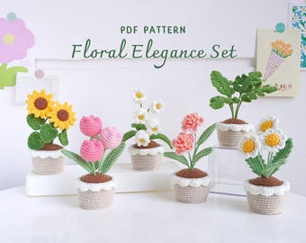 May include: A set of five crocheted flower arrangements in pots. The flowers include sunflowers, tulips, lilies of the valley, carnations, and daisies. The pots are all beige with a white trim.