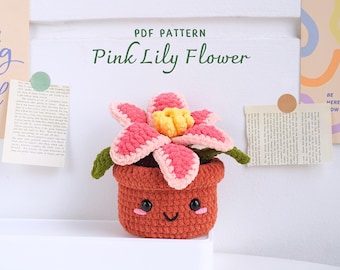 Pink Lily Flower Pot Crochet Pattern, Crochet Home Decor, Digital PDF Pattern, Flower Basket Crochet Pattern