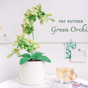 Haakpatroon groene orchidee, haakpatronen bloem, gehaakt huisdecor, haakpatroon bloemenmand