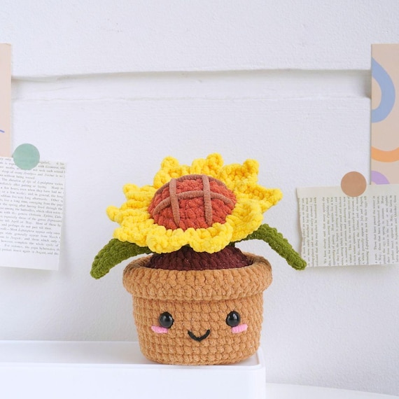 ひまわりの鉢編みパターン、あみぐるみの花編みパターン、かぎ針編みの
