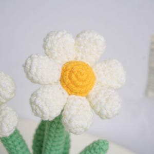 Puede incluir: Una flor de margarita de crochet con un centro blanco y un centro amarillo. La flor es parte de un ramo de flores de crochet.