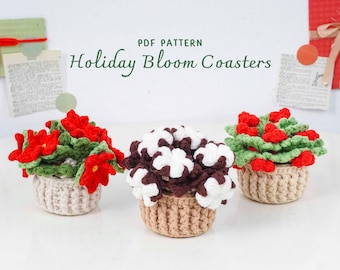 Holiday Bloom Coasters Crochet Patterns Bundle, Poinsettia Coaster Pattern, Christmas Berries Coaster Pattern,Cotton Flowers Coaster Pattern