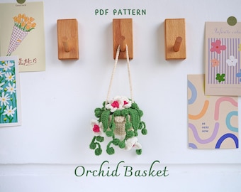 Patrón de cesta de orquídeas a crochet, Patrón de cesta de orquídeas para colgar en el coche, Patrón de flores a crochet, Patrón de cesta de orquídeas