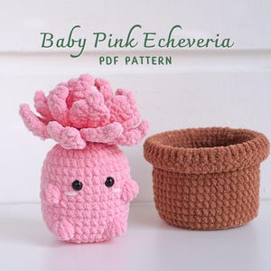 Peut inclure: Une plante succulente en crochet rose avec un visage mignon, assise dans un pot en crochet brun. La plante est étiquetée "Baby Pink Echeveria PDF Pattern".