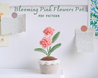 Blooming Pink Flower Pot Crochet Pattern, Flower Pot Crochet Pattern, Crochet Home Decor, Digital PDF Pattern