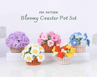 Bloomy Coaster Pot Crochet Patterns Bundle | Carnation Pattern,Daisy Pattern,Nemophila Pattern, Sunshine Flowers Pattern,Bellflowers Pattern
