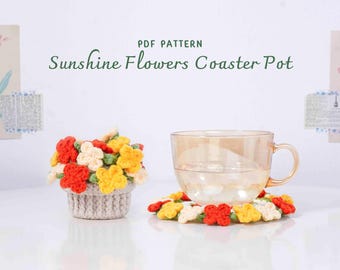 Sunshine Flowers Coaster Pot Crochet Pattern, Flower Pot Crochet Pattern, Crochet Home Decor, Floral Crochet PDF, Digital PDF Pattern