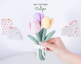 Gehaakte tulpen, haakpatroon bloemen, gehaakte tulpenbloem, handgemaakt huisdecor, digitaal pdf-patroon
