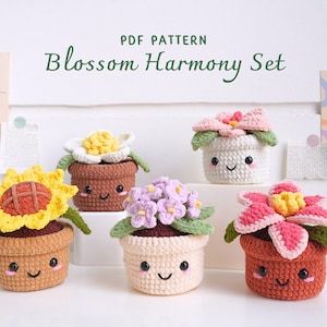 ブロッサムハーモニーかぎ針編みパターンバンドル | ピンクのユリの花鉢、ひまわりの鉢、椿の花鉢、蘭の花鉢、アジサイの鉢