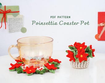 Poinsettia Coaster Pot Crochet Pattern, Christmas Flower Coaster PDF, Holiday Crochet Pattern, Winter Crochet Home Decor,Digital PDF Pattern