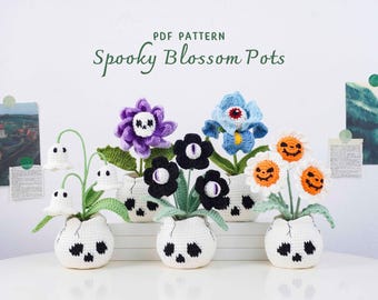 Blossom Pots Dragon Crochet Patterns Bundle, Eye Flowers Pot Pattern, Skull Dahlia Pot Pattern, Pumpkin Daisy Pattern, Eyeball Iris Pattern