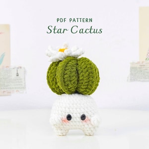 Può includere: Un cactus a stella all'uncinetto, con una base bianca e un corpo di cactus verde sormontato da un fiore bianco. Il cactus ha una faccia sorridente. Le parole "PDF PATTERN" e "Star Cactus" sono visualizzate sopra il cactus.
