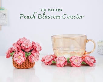 Peach Blossom Coaster Pot Crochet Pattern, Flower Pot Crochet Pattern, Crochet Home Decor, Digital PDF Pattern