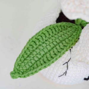 May include: Close-up of a crocheted white sheep with a green leaf. The sheep's face has black embroidered details. The leaf is a bright green color and is made of a textured crochet stitch.