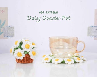 Daisy Coaster Pot Crochet Pattern, Flower Pot Crochet Pattern, Crochet Home Decor, Floral Crochet PDF, Digital PDF Pattern