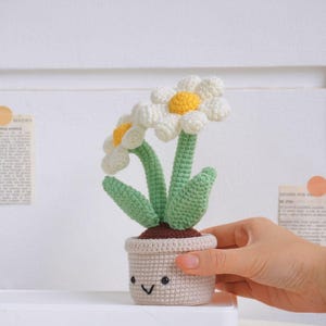 Puede incluir: Una planta de margarita de crochet en una maceta beige con una cara sonriente. La planta tiene tres margaritas blancas con centros amarillos y hojas verdes.