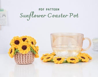 Sunflower Coaster Pot Crochet Pattern, Flower Pot Crochet Pattern, Crochet Home Decor, Digital PDF Pattern