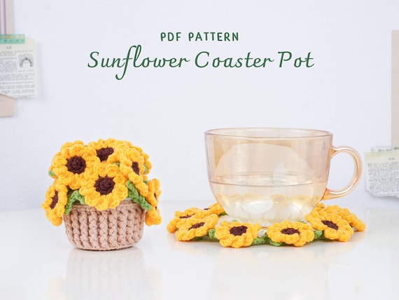 Sunflower Coaster Pot Crochet Pattern, Flower Pot Crochet Pattern, Crochet Home Decor, Digital PDF Pattern