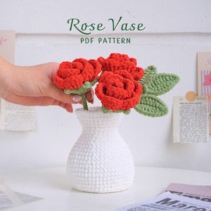 バラの花瓶かぎ針編みパターン、花かぎ針編みパターン、かぎ針編みの室内装飾、花瓶かぎ針編みパターン