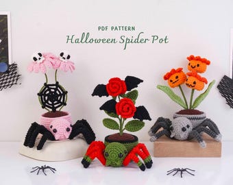 Combo 3in1 Halloween Spider Pot Crochet Pattern, Pumpkin Flower Pattern, Rose Flower Pattern, Skull Flower Pattern, Digital PDF Pattern